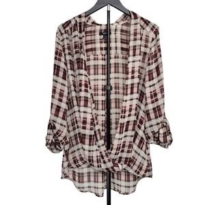 Alfani Woman Plaid Surplice Blouse Burgundy Tan 18W Roll Tab Sleeve Chiffon Top